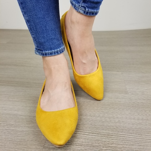 Mustard Yellow Vegan Suede Pointy Toe Flat Shoes - Picture 6 of 8
